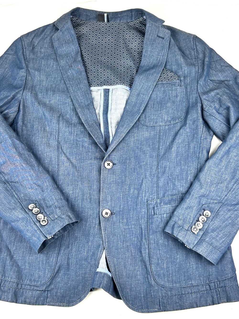 Hugo Boss Chambray Blue Sport Coat 40R Blazer Jacket Cotton & Linen